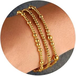 Gold Bracelets For Women Non Tarnish Gold Beaded Bracelets Stack Dainty Waterproof Small Beads Ball Bracelets Set 18K Gold Filled Stretch Layered Bracelets Trendy Jewelry Gift