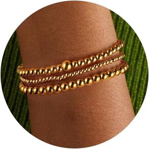 Non Tarnish Gold Bracelet For Women Gold Beaded Bracelets Stack Dainty Waterproof Small Beads Ball Bracelets Set 18K Gold Filled Stretch Layered Bracelets Trendy Jewelry Gift