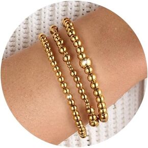Gold Bracelet Stack Non Tarnish For Women Gold Beaded Bracelets Dainty Waterproof Small Beads Ball Bracelets Set 18K Gold Filled Stretch Layered Bracelets Trendy Jewelry Gift