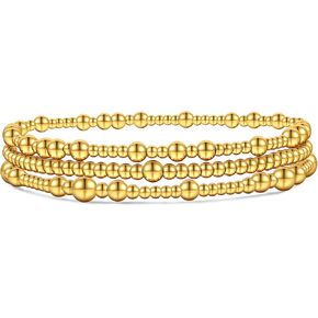 Gold Bracelets For Women Non Tarnish Gold Beaded Bracelets Stack Dainty Waterproof Small Beads Ball Bracelets Set 18K Gold Filled Stretch Layered Bracelets Trendy Jewelry Gift