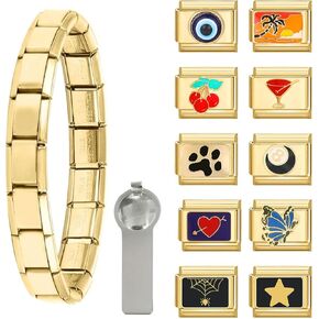 papasgix Italian Charm Bracelet Gold Set with Starter Brascelet, Assorted Charms and Opening Tools, 9mm Modular Italian Charm Bracelet Links Handmade DIY Jewelry