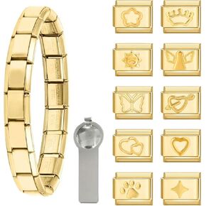 papasgix Italian Charm Bracelet Gold Set with Starter Brascelet, Assorted Gold Charms and Opening Tools, 9mm Modular Italian Charm Bracelet Links Handmade DIY Jewelry