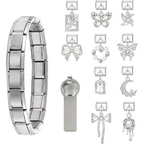 papasgix Italian Charm Bracelet Gold Silver Set with Starter Brascelet, Assorted Charms and Opening Tools, 9mm Modular Italian Charm Bracelet Links Handmade DIY Jewelry Gifts Pendant(Silver Silver)