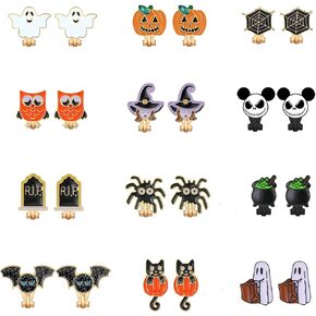 12 Pairs Halloween Clip on Earrings Set Bat Spider Ghost Pumpkin Witch Cat Earrings Hypoallergenic Halloween Clip Stud Earrings for Teen Girls Halloween Jewelry for Women Halloween Earrings Bulk