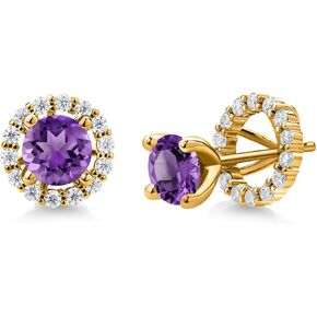 Gem Stone King 18K Yellow Gold Plated Silver 6MM Round Gemstone Birthstone and White Moissanite Removable Jacket Stud Halo Earrings For Women