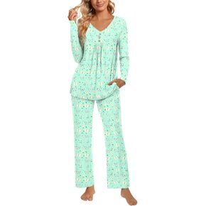 Aodemo Women's Fall 2 Piece Pajama Sets, Long Sleeve Pleated Lounge Outfits Sleepwear Ladies Pjs Set with Pockets