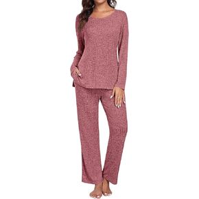 TAOHUADAO 2024 Womens 2 Piece Pajamas Set Ribbed Knit Lounge Sets Long Sleeve Tops and Pants Casual Sleepwear with Pockets