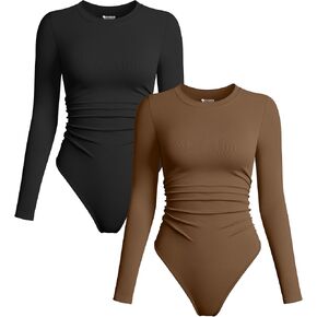 OQQ Womens 2 Piece Bodysuits Crew Neck Long Sleeve Ruched Stretch Fitted Bodysuits