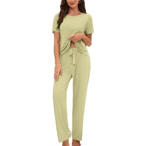 UMBY Pajamas for Women Set Round Collar Soft Loungewear 2 Piece Pj Set Sleepwear Short Sleeve Tops with Long Pants