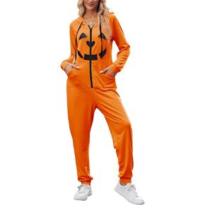 Ekouaer Halloween Onesie Adult Hooded Womens Onesie Pajamas Comfy Zipper One Piece Pajamas with Pocket XS-XXL