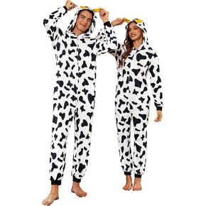 Ekouaer Matching Pajamas for Couples Halloween Onesie Adult Zipper Elk Antler Hooded Long Sleeve Pjs with Pockets S-XXL
