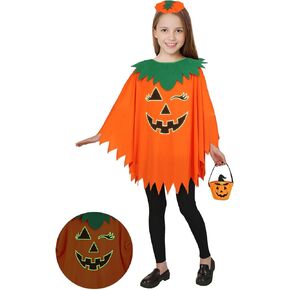 Halloween Pumpkin Costume for Women Kids,Glow in the Dark Adult Halloween Costume with Poncho,Headband & Bag