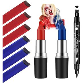 Mysense Harley Costume Cosplay Accessories for Women Girls Kids Halloween Makeup, Red and Blue Clip in Hair Extensions + Face Body Paint Stick + Black Liquid Eyeliner Stamp Makeup Kit
