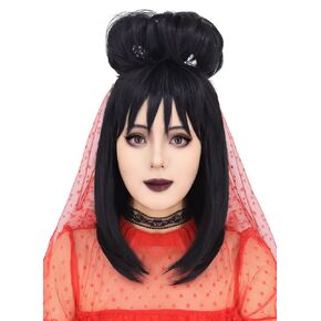Ruina Black Wig for Bride Lydia Costume Women Medium Length Black Wig with Buns Cute Soft Wigs for Scary Halloween Costume Women R037BK