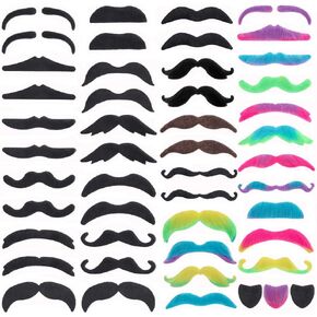 Parceria 48 Pcs Fake Mustache, Colorful and Varied Styles of Fake Beard Realistic Mustache, Self Adhesive Novelty False Facial Hair, Easy to Remove and Skin Friendly Costume Beard