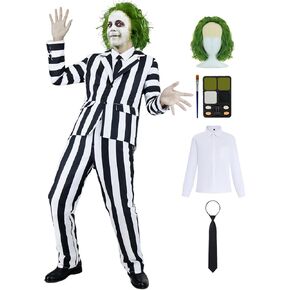 Black and White Striped Suit Men Scary Halloween Costumes Adult Horror Comedy Movie Character Cosplay Outfit Shirt Tie