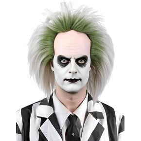 Horror Green Ombre Dirty Gray Bald Cap Wigs for Men Short Wavy Natural Synthetic Hair Crazy Wig for Halloween Party Costumes
