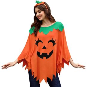Maisolly Women Halloween Pumpkin Poncho Adult Costume with Hair Band