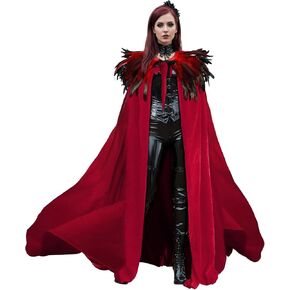 L'VOW Women Feather Collar Velvet Cloak Vampire Cape Witch Queen Cosplay Halloween Costume