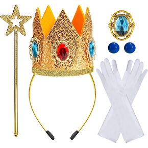 5PCS Princess Crown Accessories, Princess Tiara Headband/Wand/Gloves/Brooch/Earrings for Girls Women Halloween Cosplay Party Dress Up Gold