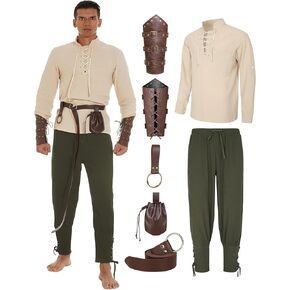 GERVAISE Mens Renaissance Costume 7pcs Set Medieval Pirate Shirt Pants Viking Accessories