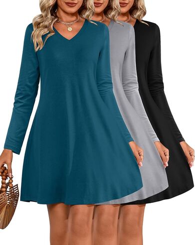Huukeay 3 Pack Women's V Neck Long Sleeve T Shirt Dress 2024 Basics Plain Dresses Casual Loose Flowy Swing Dresses in Saudi Arabia