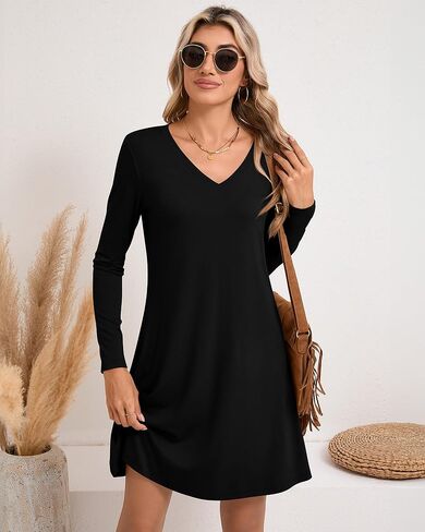 Huukeay 3 Pack Women's V Neck Long Sleeve T Shirt Dress 2024 Basics Plain Dresses Casual Loose Flowy Swing Dresses in Saudi Arabia