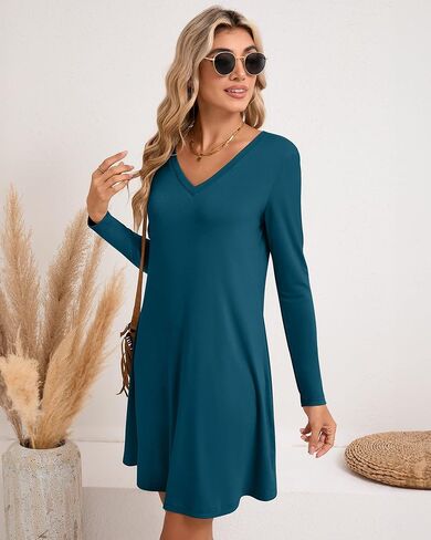 Huukeay 3 Pack Women's V Neck Long Sleeve T Shirt Dress 2024 Basics Plain Dresses Casual Loose Flowy Swing Dresses in Saudi Arabia