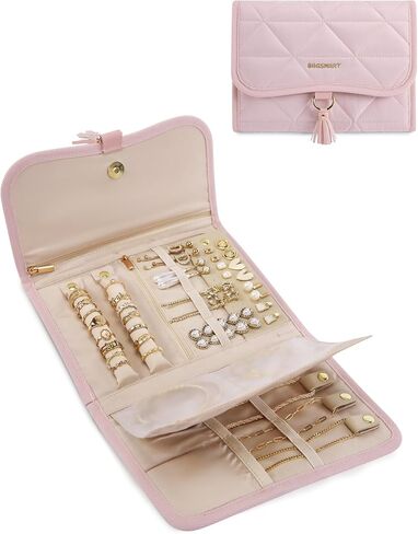 BAGSMART Travel Jewelry Case Organizer, Roll Foldable Jewelry Case for Journey-Rings, Necklaces, Earrings, Bracelets, Brooches, Portable Travel Essentials, Pink in Saudi Arabia