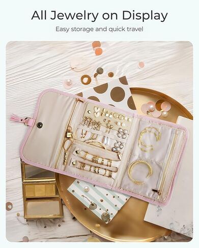 BAGSMART Travel Jewelry Case Organizer, Roll Foldable Jewelry Case for Journey-Rings, Necklaces, Earrings, Bracelets, Brooches, Portable Travel Essentials, Pink in Saudi Arabia