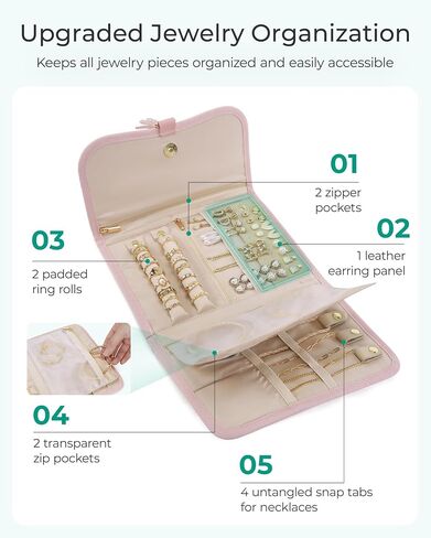 BAGSMART Travel Jewelry Case Organizer, Roll Foldable Jewelry Case for Journey-Rings, Necklaces, Earrings, Bracelets, Brooches, Portable Travel Essentials, Pink in Saudi Arabia