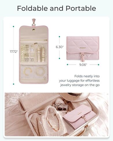 BAGSMART Travel Jewelry Case Organizer, Roll Foldable Jewelry Case for Journey-Rings, Necklaces, Earrings, Bracelets, Brooches, Portable Travel Essentials, Pink in Saudi Arabia
