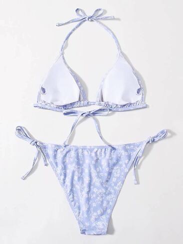 WDIRARA Women's 2 Piece Floral Print Tie Back Halter Swimwear Set Triangle Bra & Tie Side Bikini Swimsuit Set in Saudi Arabia