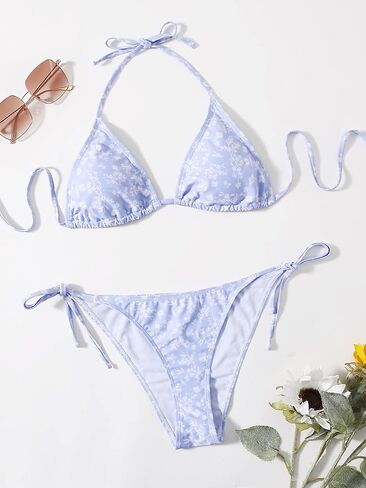 WDIRARA Women's 2 Piece Floral Print Tie Back Halter Swimwear Set Triangle Bra & Tie Side Bikini Swimsuit Set in Saudi Arabia