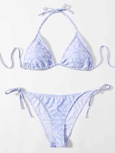 WDIRARA Women's 2 Piece Floral Print Tie Back Halter Swimwear Set Triangle Bra & Tie Side Bikini Swimsuit Set in Saudi Arabia