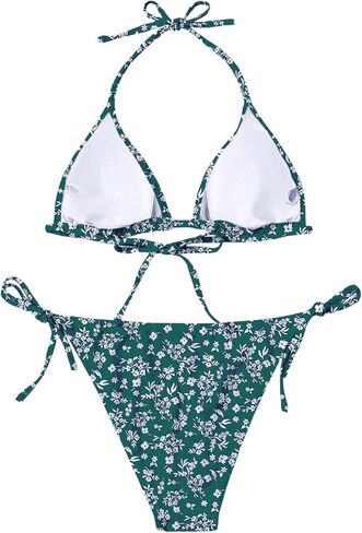 WDIRARA Women's 2 Piece Floral Print Tie Back Halter Swimwear Set Triangle Bra & Tie Side Bikini Swimsuit Set in Saudi Arabia