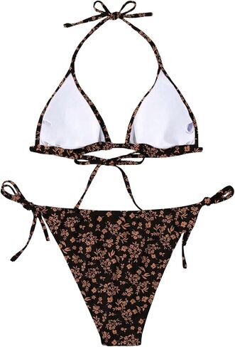 WDIRARA Women's 2 Piece Floral Print Tie Back Halter Swimwear Set Triangle Bra & Tie Side Bikini Swimsuit Set in Saudi Arabia