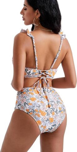 RXRXCOCO Women High Waisted Bikini Sets Ruffle Tummy Control Two Piece Swimsuit V Neck Bathing Suit in Kuwait