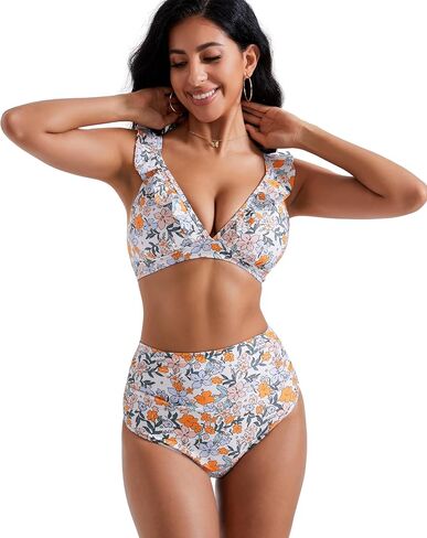 RXRXCOCO Women High Waisted Bikini Sets Ruffle Tummy Control Two Piece Swimsuit V Neck Bathing Suit in Kuwait