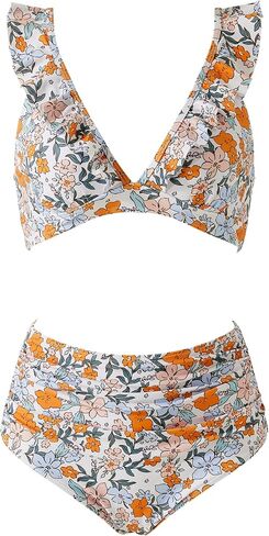 RXRXCOCO Women High Waisted Bikini Sets Ruffle Tummy Control Two Piece Swimsuit V Neck Bathing Suit in Kuwait