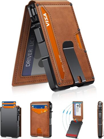 Wallet for Men, Mens Minimalist Wallet 9-13 Cards, Slim Compact Wallet with Money Clip & ID Window, RFID Blocking Smart Pop Up Card Wallet, Metal Aluminum Credit Card Holder Bifold Wallet in Saudi Arabia