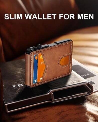 Wallet for Men, Mens Minimalist Wallet 9-13 Cards, Slim Compact Wallet with Money Clip & ID Window, RFID Blocking Smart Pop Up Card Wallet, Metal Aluminum Credit Card Holder Bifold Wallet in Saudi Arabia