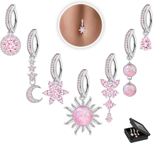 7Pcs 14G Clicker Belly Button Rings Dangle Belly Rings for Women Surgical Steel Hoop Belly Button Ring Butterfly Moon CZ Opal Flower Belly Button Piercing Jewelry in Saudi Arabia