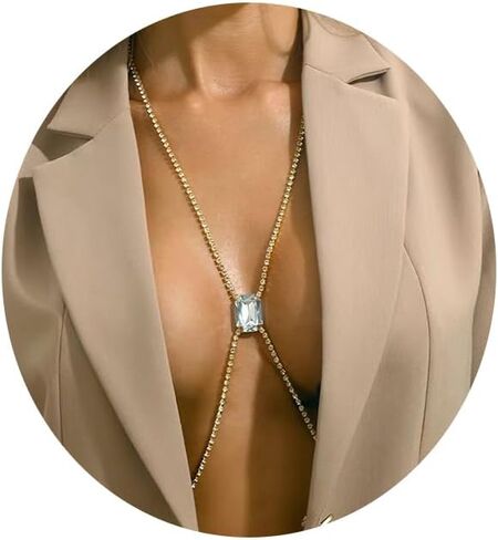 Gold Sexy Body Chains for Women, Big Rhinestone Personality Crossover Body Jewelry for Women in Saudi Arabia