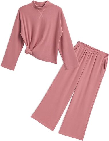 Girls Fall Outfits 2 Piece Long Sleeve Mock Neck Sweatshirts Wide Leg Pants 2024 Casual Kids Clothing Sets in Saudi Arabia