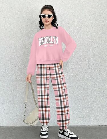 Girls Clothes 7-14Y Letter Print Drop Shoulder Pullover Sweatshirt + Plaid Sweatpants Girls' Clothing Sets in Saudi Arabia