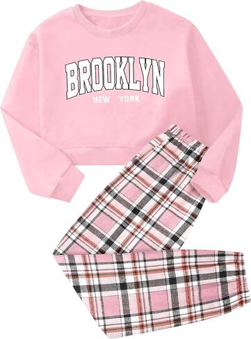 Girls Clothes 7-14Y Letter Print Drop Shoulder Pullover Sweatshirt + Plaid Sweatpants Girls' Clothing Sets in Saudi Arabia