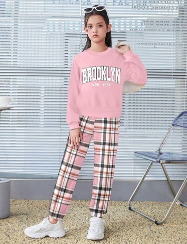 Girls Clothes 7-14Y Letter Print Drop Shoulder Pullover Sweatshirt + Plaid Sweatpants Girls' Clothing Sets in Saudi Arabia