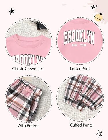 Girls Clothes 7-14Y Letter Print Drop Shoulder Pullover Sweatshirt + Plaid Sweatpants Girls' Clothing Sets in Saudi Arabia