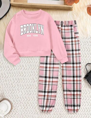 Girls Clothes 7-14Y Letter Print Drop Shoulder Pullover Sweatshirt + Plaid Sweatpants Girls' Clothing Sets in Saudi Arabia